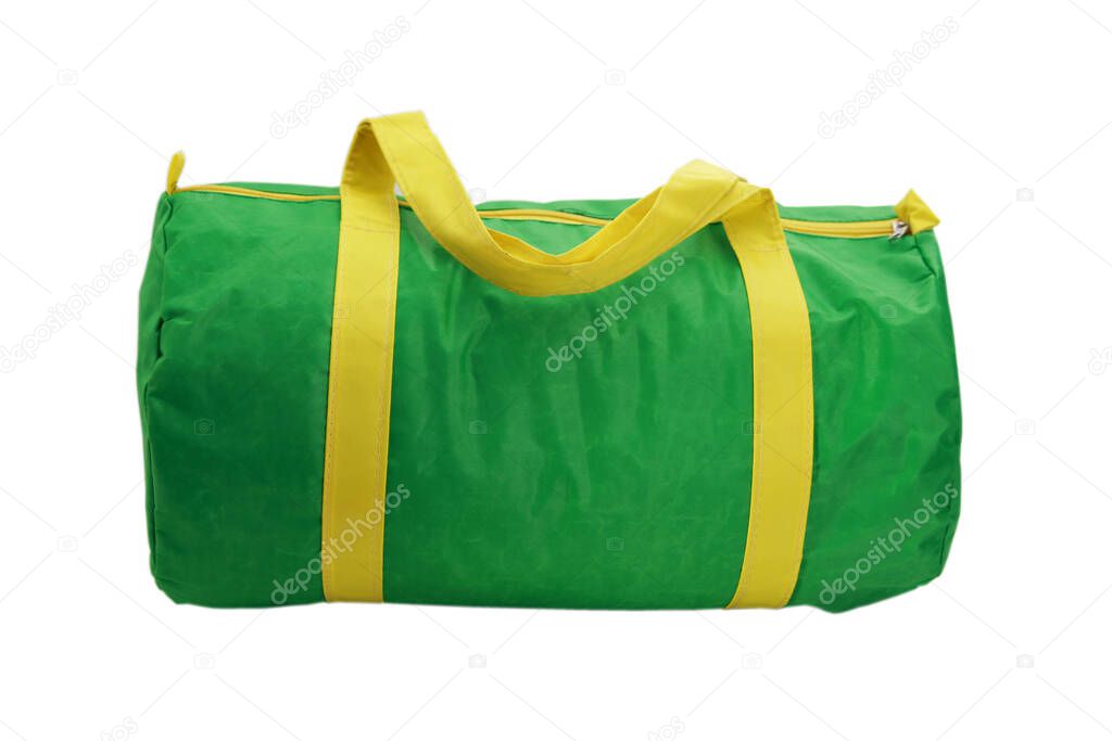 green and yellow duffel bag isolated on white.