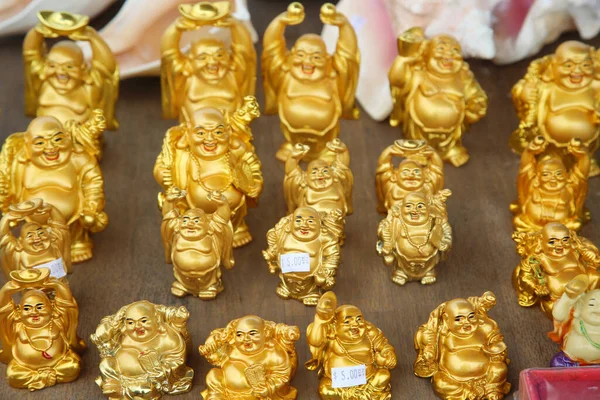 Laughing Buddha Sculptures Golden Buddha Laughing Table Sale Farmers Market — Stock Photo, Image