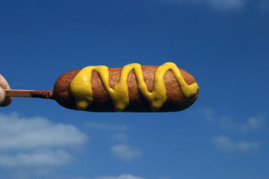 Mavi gökyüzü arka planında bir sosisliye yaklaş.