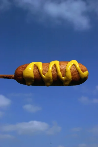 Perto Cachorro Quente Fundo Azul Céu — Fotografia de Stock