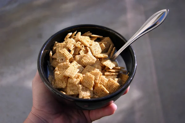 Cereal Bowl Milk Breakfast Food Breakfast Cereal Black Bowl Milk — Stock Photo, Image