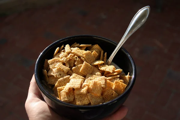 Cereal Bowl Milk Breakfast Food Breakfast Cereal Black Bowl Milk — Stock Photo, Image