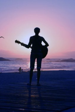 Tanımlanamayan genç bir kadın Laguna Beach California 'da güneş batarken gitarını çalıyor. Akustik gitarlı bir kız. Herkes için müzik çalmak. Gün batımında müzik çalan ve şarkı söyleyen bir kızla. Kaliforniya Günbatımı. 