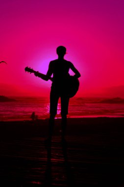 Tanımlanamayan genç bir kadın Laguna Beach California 'da güneş batarken gitarını çalıyor. Akustik gitarlı bir kız. Herkes için müzik çalmak. Gün batımında müzik çalan ve şarkı söyleyen bir kızla. Kaliforniya Günbatımı. 