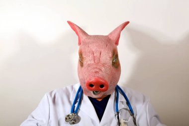 Domuz Doktor. Bir domuz adam Doktor Pelerini giyer ve seni muayene etmeye hazır. Domuz maskeli bir doktor, Meksika Domuz Gribi Salgınını temsil eden büyük bir termometre tutuyor. Doktor Domuz Adam kâbusu..   