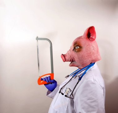 Domuz Doktor. Bir domuz adam Doktor Pelerini giyer ve seni muayene etmeye hazır. Domuz maskeli bir doktor, Meksika Domuz Gribi Salgınını temsil eden büyük bir termometre tutuyor. Doktor Domuz Adam kâbusu..   