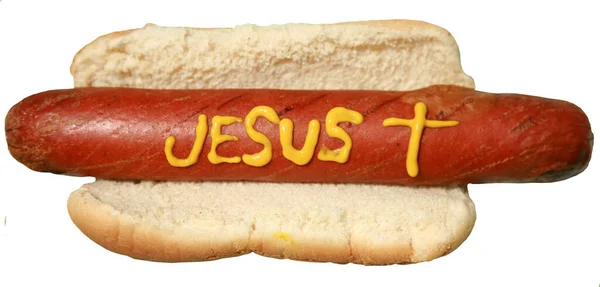 Hot Dog Hot Dog Hořčicí Izolovaný Bílém Pokoj Pro Text — Stock fotografie