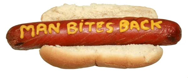 Gorący Pies Hot Dog Musztardą Odizolowany Biało Miejsce Smsa Hot — Zdjęcie stockowe