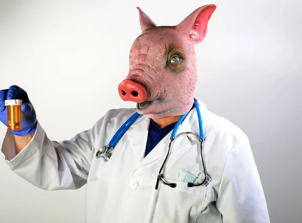 Pig Doctor. A Pig Man wears a Doctor Cloak and is ready to examine you. A Doctor in a Pig Mask holds a large cooking thermometer representing the Mexican Swine Flu Pandemic. Doctor Pig man nightmare.