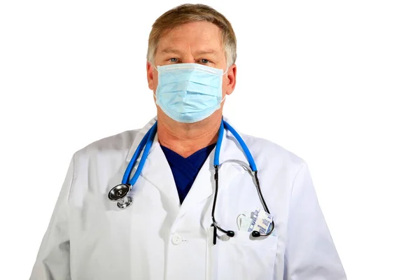 医学或科学家 医生或研究人员穿着一件白色的实验室外套 灰色背景 友好的医生或实验室助理 文字空间 医疗专业人员 医生伸出手和你握手 医生带着外科口罩医院的医生 — 图库照片