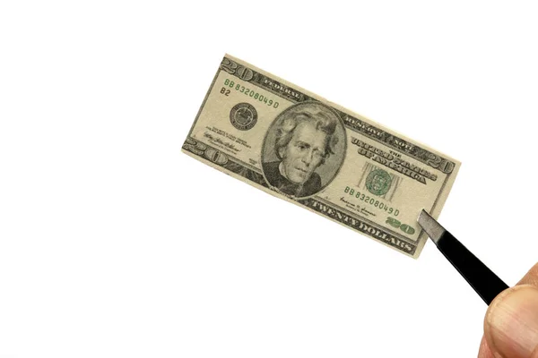 Encolher Dinheiro Americano Miniatura Nota Vinte Dólares Realizada Por Pinças — Fotografia de Stock