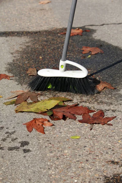 Limpiador Calles Barriendo Hojas Caídas Aire Libre Día Otoño Barrer —  Fotos de Stock