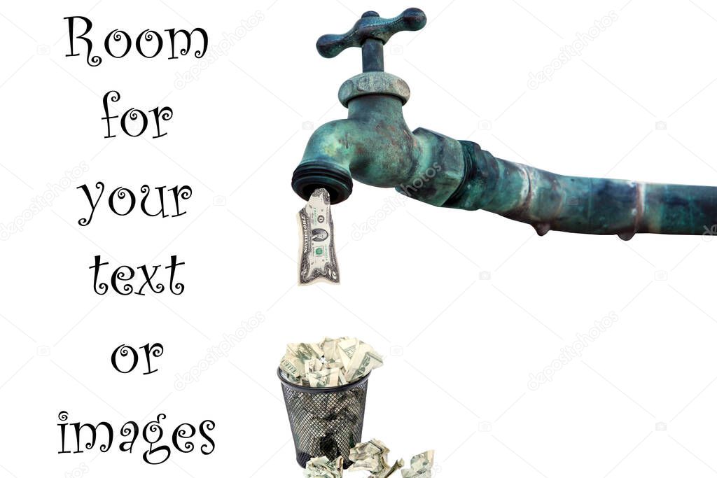 High cost of plumbing repairs. Money is flowing out of a water tap in need of repair. isolated on white. room for text. Water faucet isolated on white, leaking Money. Cumulative cost of a leaking faucet. 