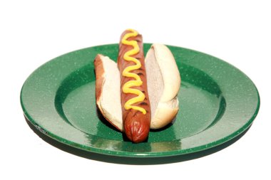Hot Dog. Hot Dog with mustard. Isolated on white. Room for text. Hot Dog in a bun. The words HOT DOG are easily replaced with your own. Hot Dog in bun with words in yellow mustard.  Its a Hot Dog or Sausage Party! word game in mustard on hot dog. 