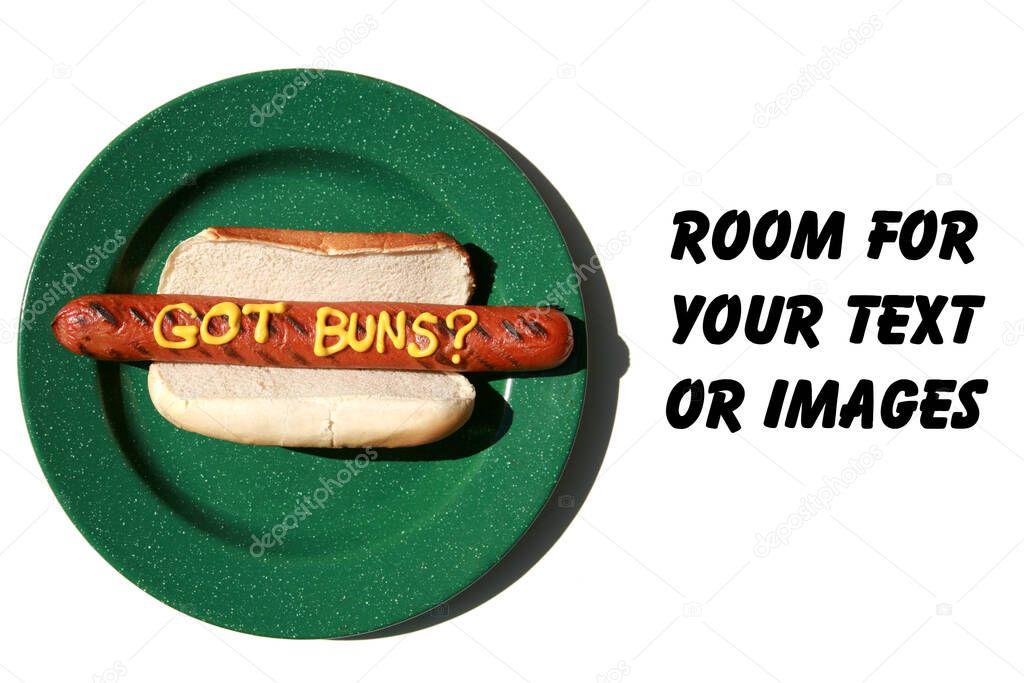 Hot Dog. Hot Dog with mustard. Isolated on white. Room for text. Hot Dog in a bun. The words HOT DOG are easily replaced with your own. Hot Dog in bun with words in yellow mustard.  Its a Hot Dog or Sausage Party! word game in mustard on hot dog. 