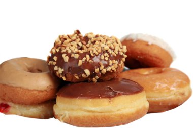 Donut, çikolatalı çörek, klasik donut, eski moda donut, kremalı çörek. Renkli donut ve jöle. Çörek ve kahve. Çörek. Jöleli çörek. Kahvaltıda kahve ve çörek. Mini çörekler. Şekerli çörekler. Beyaz üzerine izole edilmiş. Metin için yer. 