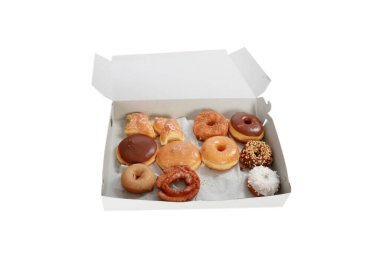 Donut, çikolatalı çörek, klasik donut, eski moda donut, kremalı çörek. Renkli donut ve jöle. Çörek ve kahve. Çörek. Jöleli çörek. Kahvaltıda kahve ve çörek. Mini çörekler. Şekerli çörekler. Beyaz üzerine izole edilmiş. Metin için yer. 