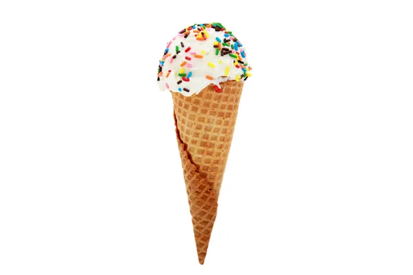 アイスクリームだ コーンの上のアイスクリーム 非常に魅力的なバニラアイスコーン バニラアイスコーンにカラフルなスプリンクルをトッピング バニラアイス アイスコーンにカラフルなスプリンクルをトッピング 白で隔離されてる テキストのための部屋 アイスクリームのために叫ぶ — ストック写真
