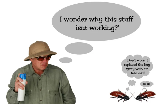 A man wearing a Pith helmet and Bug spray trying to kill Madagascar Hissing Cockroaches that are bothering him. Madagascar hissing cockroach. Gromphadorhina portentous. Madagascar giant cockroach. Madagascar Hissing Cockroach. Bug Spray. Don\'t bug me