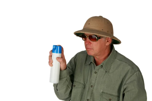 Man Sprays Bug Spray Air Freshener Man Hand Holds Spray — Stock Photo, Image
