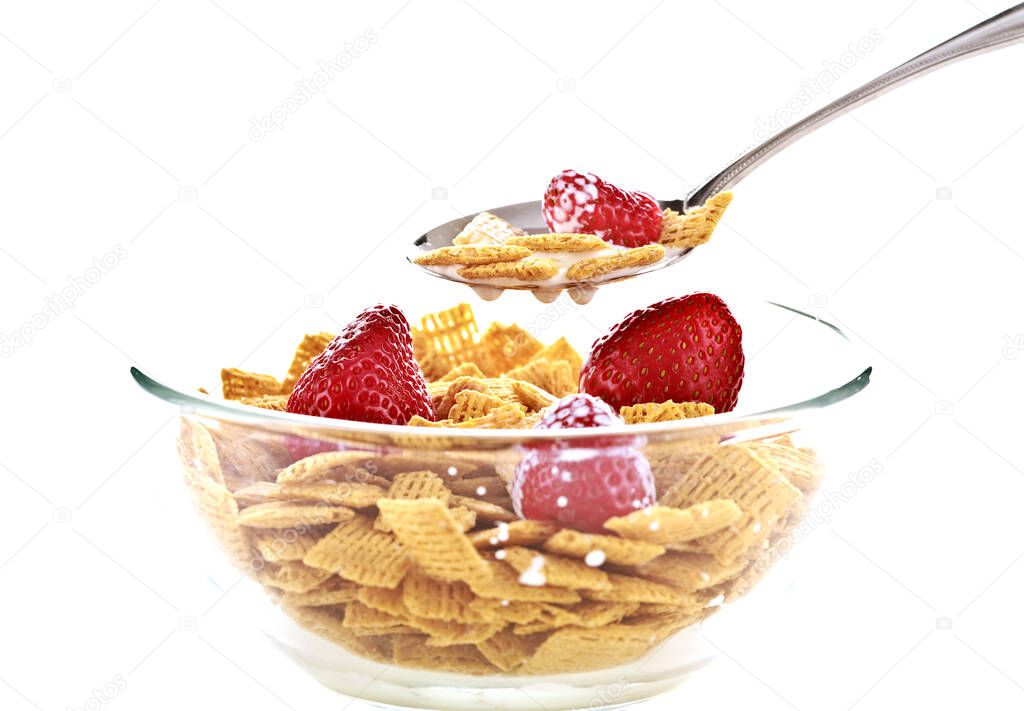 Cereal. Isolate on white. Room for text. a clear glass bowl of cereal and milk. Cereal bowl. time for breakfast. eat your breakfast. oh boy its breakfast time. time to eat. 