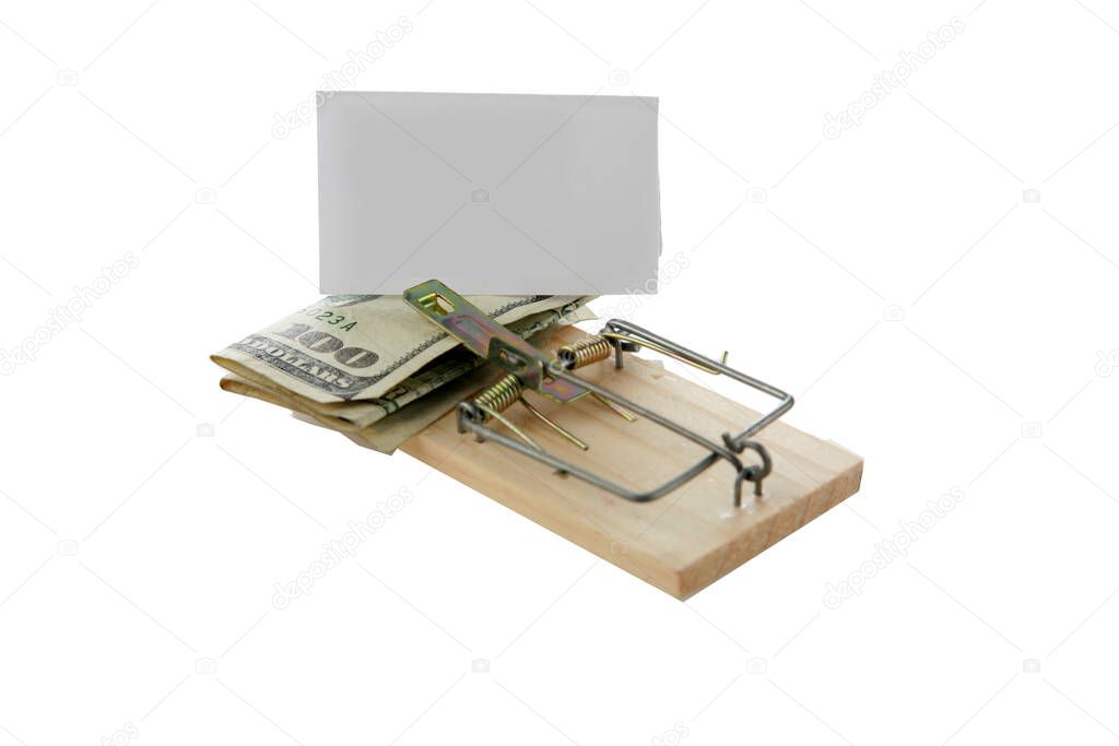 predatory lending. Mousetrap with money. Dollars in a mouse trap.  Wooden mousetrap. Money in the form of many large bills in a Mouse trap. loan shark. money to loan. internet riches. scams. id fraud. theft. robbery. bad guy. its a trap. free money. 