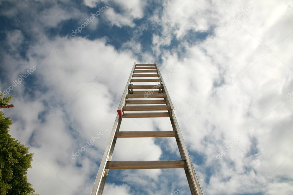 Ladder of Success. Businessman climbing the corporate ladder of success. Ladder of success. achieve goal or opportunity in career concept. smart confident businessman leader climb up to reach top of ladder. high in the sky look forward to future.