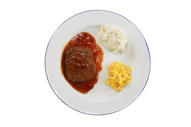 Salisbury bifteği. Mantar sosu. Mantar soslu Salisbury bifteği. Patates ezmesi. Mısır. Yemek tabağı. Donmuş gıda. TV yemeği. Mikrodalga yemeği. Akşam yemeği için yemek. Öğle yemeği. Taze pişmiş Salisbury bifteği, donmuş mısır ve patatesli akşam yemeği.. 