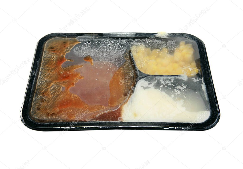 TV Dinner. Microwave Meal. a classic Salisbury steak TV dinner with mashed potatoes and corn in its black plastic tray. isolated on white. A Frozen Turkey TV Dinner. isolated on white. room for text. clipping path. microwave TV Dinner. Food for fun. 