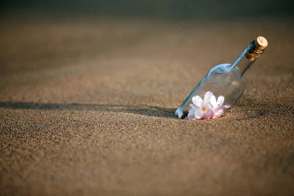 Message in a bottle. Plumeria flowers in a bottle. Clear bottle on a beach in Hawaii. Message of love in a bottle. A bottle of Flowers for someone special. Love and Romance.