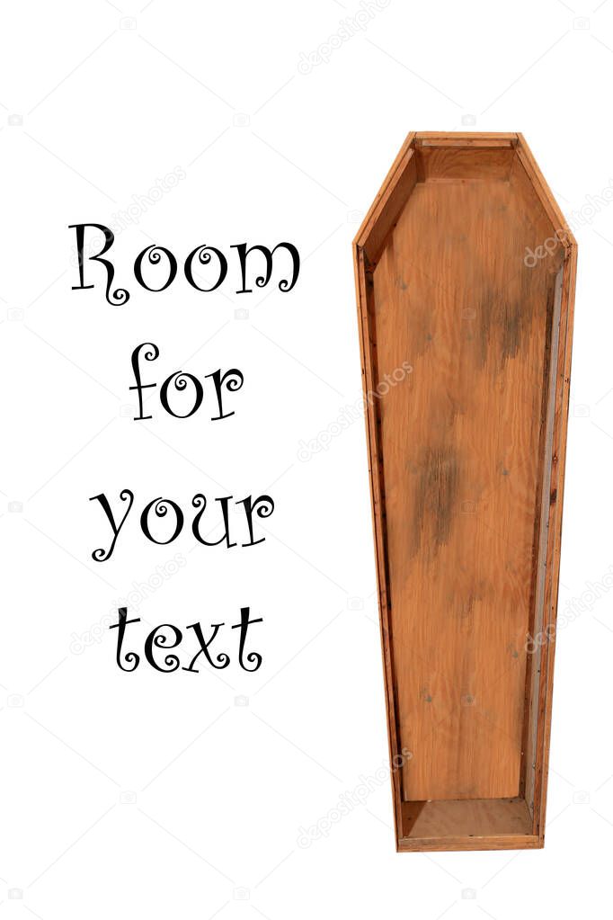 coffin. antique wooden coffin. wild wild west coffin. isolated on white. room for text. clipping path. cowboys and bad guys often ended up in a coffin like this. empty wooden coffin. Coronavirus disease concept.  