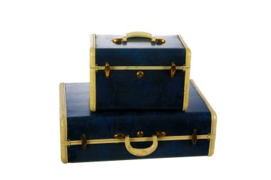 Bavul. Klasik Mavi Bavul. Beyazda izole edilmiş. Mesaj için yer var. Kırpma Yolu. bagaj. Klasik bavul. eski valiz..