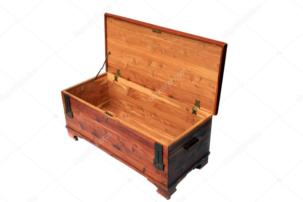 Cedar Hope Chest. Hope Chest. Cedar Chest. Isolated on white. Room for text. Clipping Path. antique cedar chest. Cedar Trunk. old fashioned cedar chest. Cedar Storage Box. 