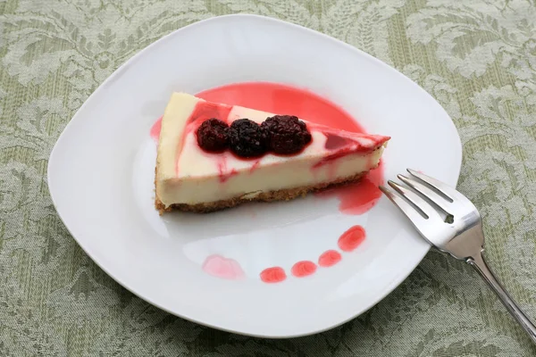 Käsekuchen Schöner Käsekuchen Käsekuchen Auf Einem Teller Scheibe Käsekuchen Mit — Stockfoto