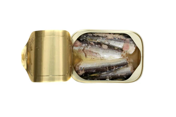 Sardinas Primer Plano Una Lata Abierta Sardinas Aislado Blanco Sardinas — Foto de Stock