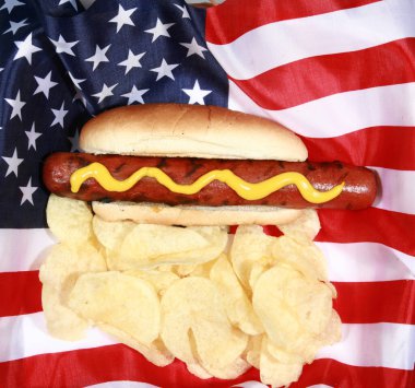 Sosisli sandviç. 4 Temmuz Hot Dog. Barbekü Partisi Yemeği. Amerikan bayrağı taşıyan vatansever bir sosisli sandviç. 4 Temmuz 'da Amerika Birleşik Devletleri' nde Bağımsızlık Günü 'nü kutluyoruz. Bağımsızlık Günü sosislisi. Sosisli, patates cipsi ve Amerikan bayrağı.. 