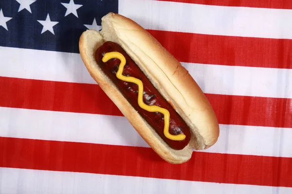 Pølse Værd Juli Hot Dog Grillfest Mad Amerikansk Patriotisk Hotdog - Stock-foto