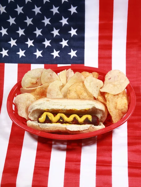 Sosisli Sandviç Temmuz Hot Dog Barbekü Partisi Yemeği Amerikan Bayrağı — Stok fotoğraf