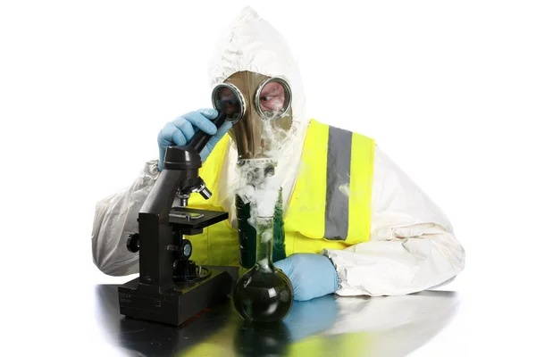 Anarchist Anarchist Wearing Hazmat Suit Gloves Gas Mask Mixes Dangerous — Stock Photo, Image