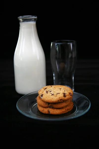 Молоко Печиво Печиво Молока Шоколаду Ретро Пляшка Свіжого Холодного Молока — стокове фото