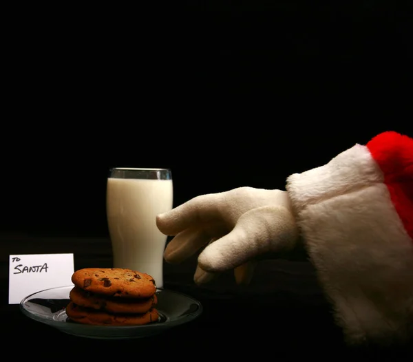 Santa Claus Disfruta Leche Las Galletas Leche Galletas Para Santa — Foto de Stock