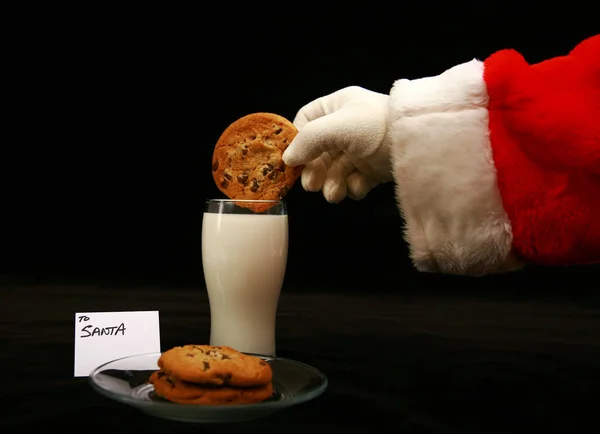 Santa Claus Disfruta Leche Las Galletas Leche Galletas Para Santa — Foto de Stock