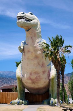 Dinozor. T-Rex. Tyrannosaurus heykeli Palm Springs, California yolunda bir yol kenarı çekiciliği olarak kullanılıyor. 1950 'lerden kalma dinozorların yol kenarı cazibesi hala ziyaretçileri cezbediyor ve ziyaret etmeye cesaret edenleri dehşete düşürüyor.. 
