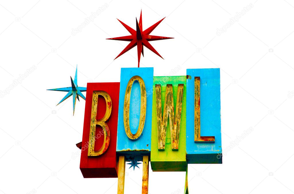 Bowl. Bowling Alley Sign. Isolated on white. Room for text. Clipping path. An old retro Neon Bowling alley sign isolated on white with room for your text with the colors of red, blue, green and turquoise. 
