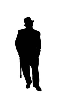 Gangster. 1920 'lerden kalma ince çizgili takım elbiseli bir gangster Thompson makineli tüfeğini tutuyor. Beyaz üzerine izole edilmiş. Mesaj için yer var. Kırpma Yolu. WW11 yapımı .45 