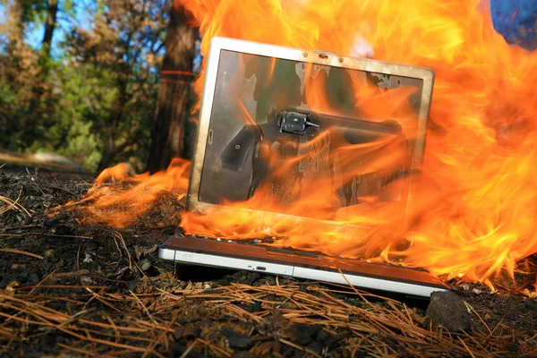 Computer Damage Computer Fire Laptop Computer Engulfed Flames Hot Fire — Stock Photo, Image