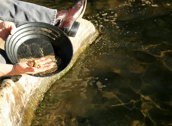 Gold Panning. gold panning man striking it rich by finding the mother lode or at least a nugget or two. A prospector looks into the pan looking for gold. golden nuggets. gold pan in the water with Gold. 24 karat gold. Gold Nuggets. Old Prospector.