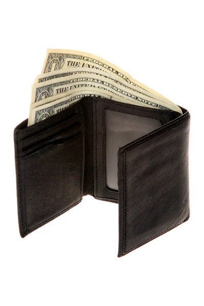 Peněženka Peněženka Penězi Izolovaný Bílém Peněženka Leží Bílém Pozadí Penězi — Stock fotografie