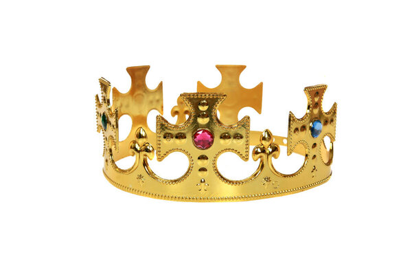 Crown. Gold Crown. Golden Royal King Crown. King Crown. Isolated on white. Room for text. Clipping Path. Royal gold crown. Crown with gemstones. Golden queen crown. Gold crown. crown of gold. 24 caret gold crown. precious gold crown. royalty crown.