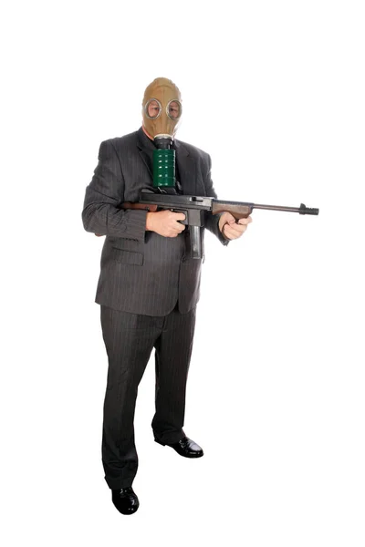 Thompson Sub Machine Gun Business Man Wears Gas Mask Holds — Stock Photo, Image